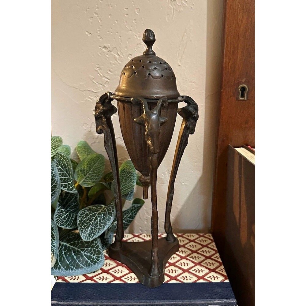 Vintage French Empire Style Brass Ram Head Tripod Incense Censer Urn